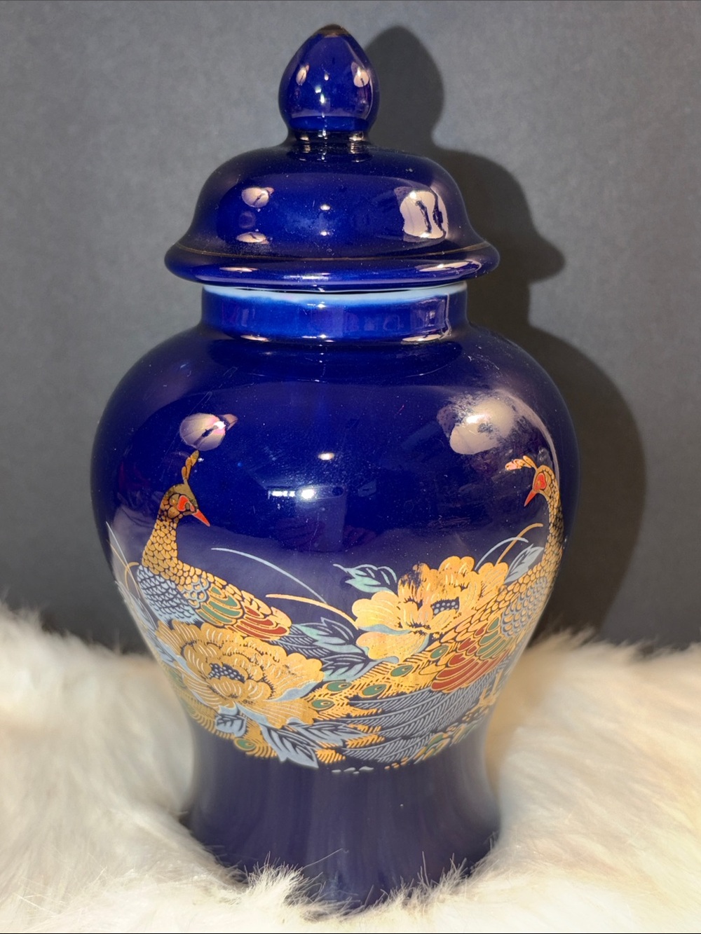 Cobalt Blue Porcelain Ginger Jar with Gold Peacock Motif